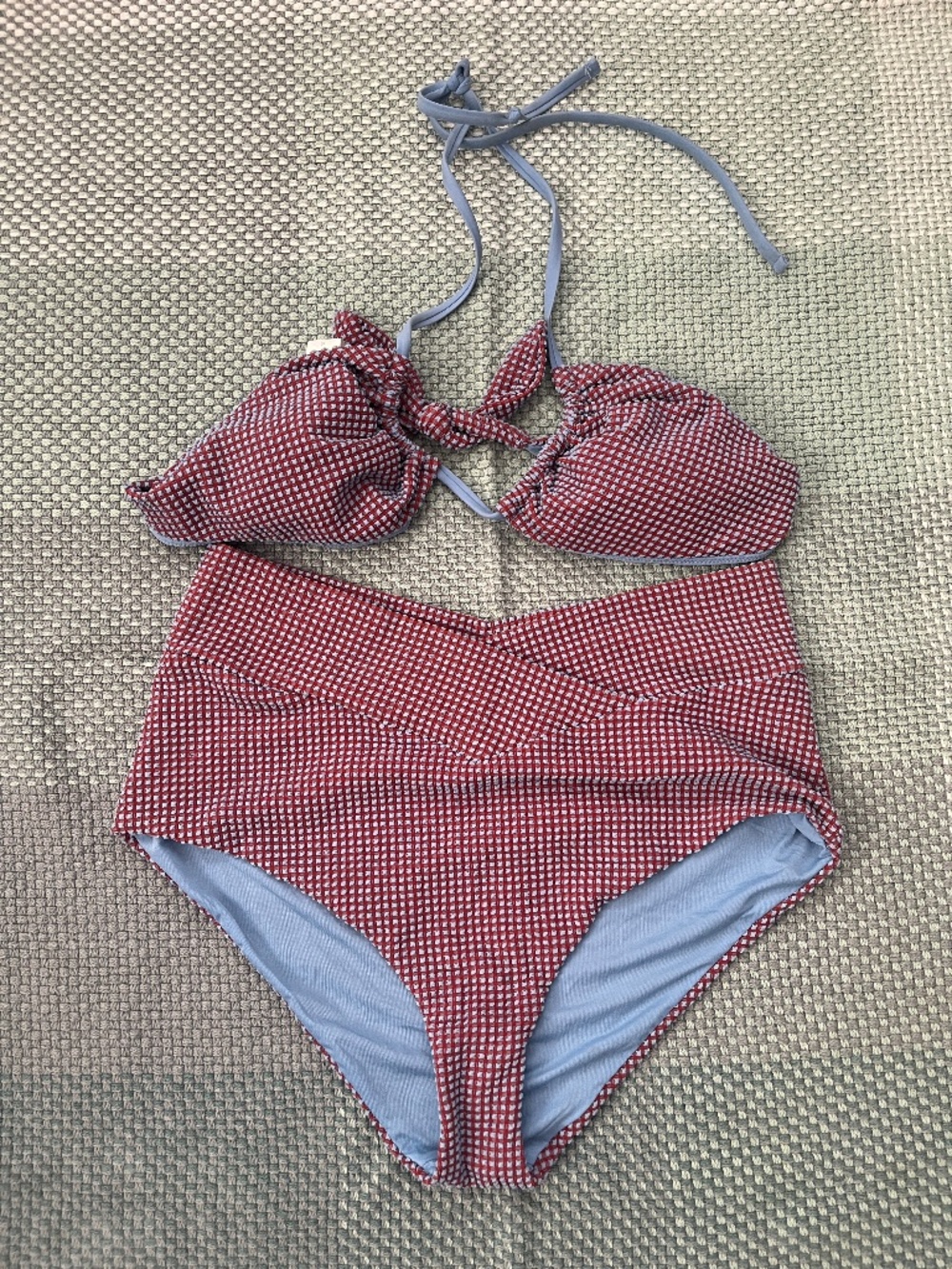 Aerie Red with Blue Gingham Bikini & Bottom Bathing Suit Set Size Large